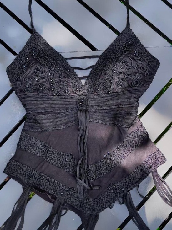 Sue Wong Tops - Sue Wong Black Embellished Boho Fringe Tank Top